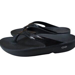 Oofos OOlala Luxe Sandals Size EU 41 W 10 Thong Recovery Black Shiny Sports